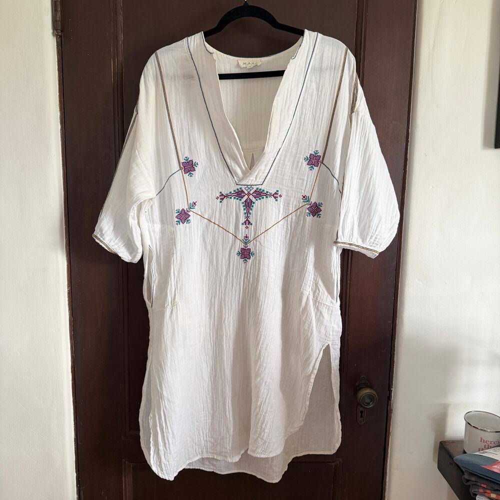 M.A.B.E. | White Cotton Gauze Embroidered Split Neck Swim Cover up | Extra Small